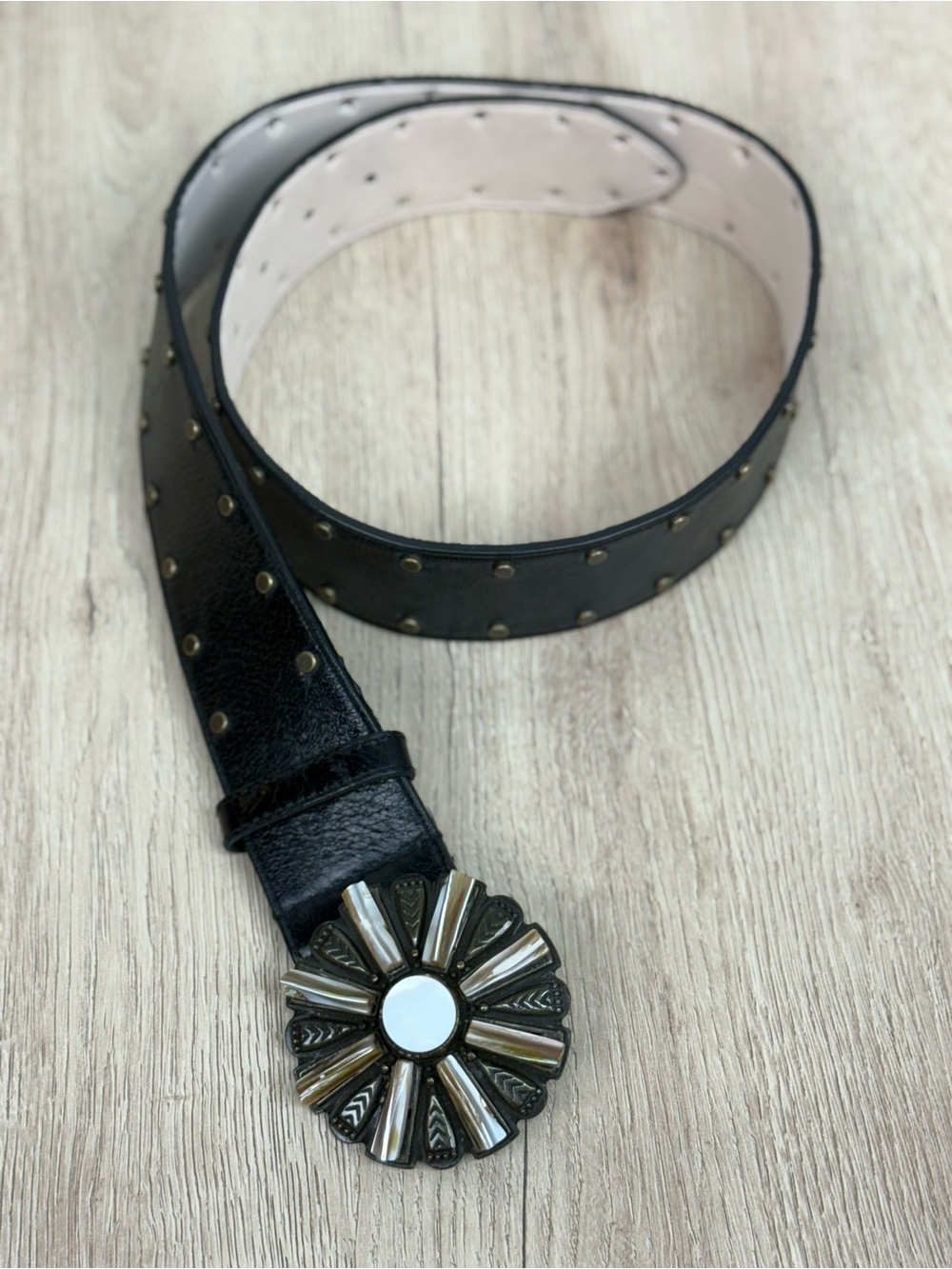 Another Line Italian Leather Studded Black Belt with round Floral/Star Buckle M